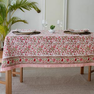 Peach Floral Tablecloth – Hand Block Printed Cotton, Table Linen image 1