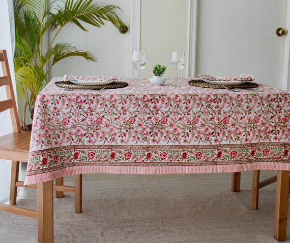 Peach Floral Tablecloth – Hand Block Printed Cotton, Table Linen