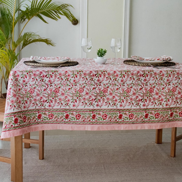 Nappe à fleurs pêche - Linge de table en coton et coton imprimé à la main