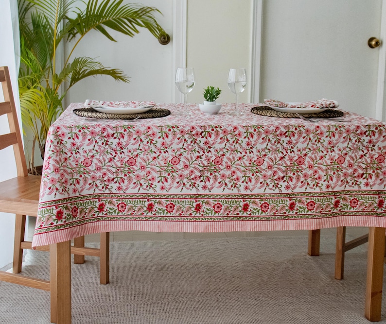 Peach Floral Tablecloth – Hand Block Printed Cotton, Table Linen image 1