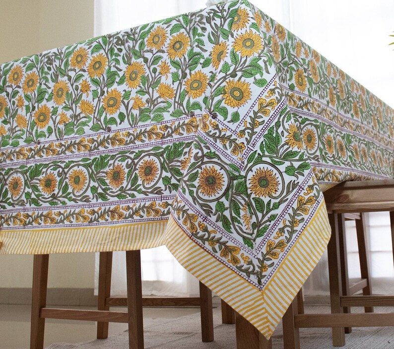 Pure cotton Indian block-print tablecloth with French design and beautiful one inch hemming