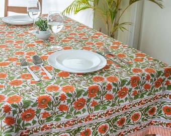 Orange Floral Tablecloth: Vintage Jaipur Block Print Cotton Table Linen