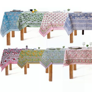 Vintage Floral Block Print Cotton Tablecloth, Boho Dining Decor