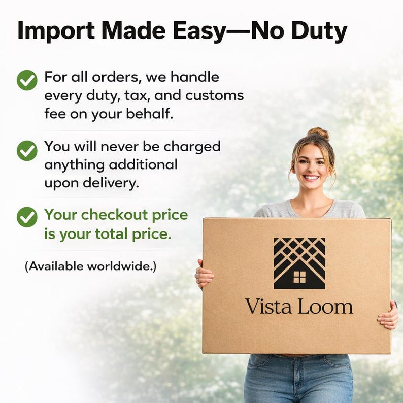 K&ouml;nnte beinhalten: Eine Frau h&auml;lt einen braunen Karton mit dem Vista Loom-Logo. Der Text "Import Made Easy - No Duty" steht oben. Zus&auml;tzlicher Text besagt, dass alle Z&ouml;lle, Steuern und Zollgeb&uuml;hren &uuml;bernommen werden und der Kassenpreis der Gesamtpreis ist.