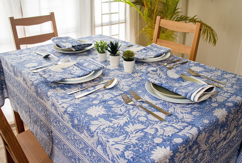 Indian Block Print Tablecloth, Cotton Floral Vintage Tablecloth, Classic French Dining Table Cover Blue, Kitchen Housewarming, Wedding gifts