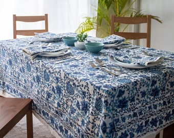 Nappe à fleurs bleue, lin de salle à manger en coton imprimé à la main