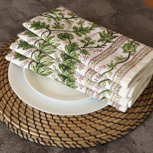 Border Napkins, Light Green Indian Floral Hand Block Printed Cotton Cloth Napkins, Set of 4,8,12,24, 36 & 48, Wedding Event Home