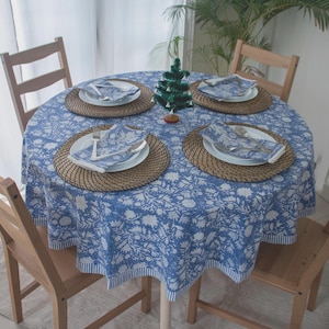 Blue Floral Round Tablecloth: Hand Block Printed Cotton Table Cover