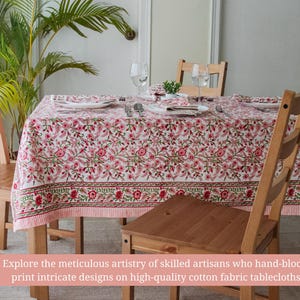Peach Floral Tablecloth – Hand Block Printed Cotton, Table Linen image 7