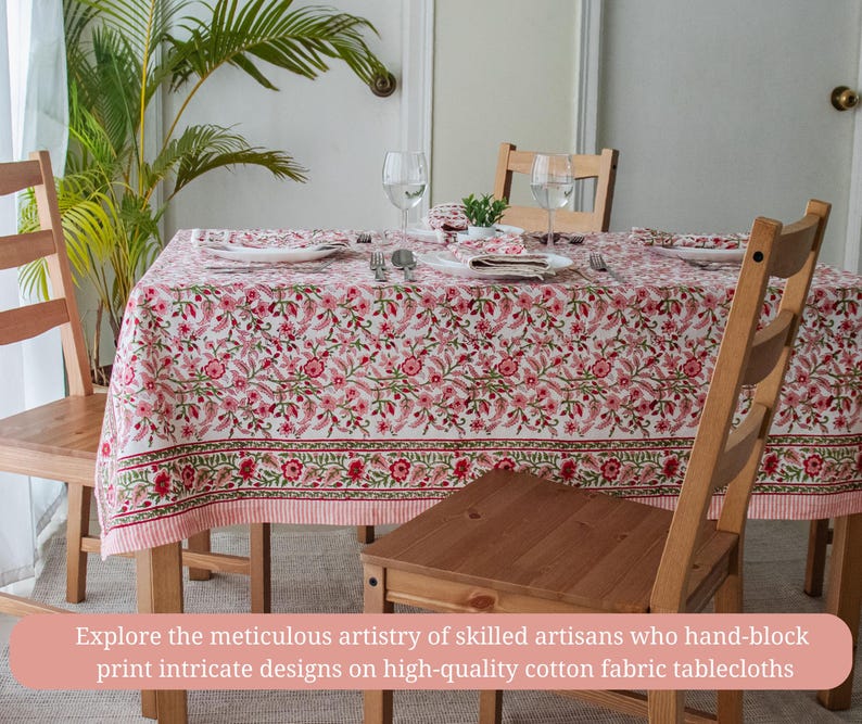 Peach Floral Tablecloth – Hand Block Printed Cotton, Table Linen image 7