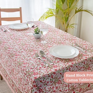 Peach Floral Tablecloth – Hand Block Printed Cotton, Table Linen image 3