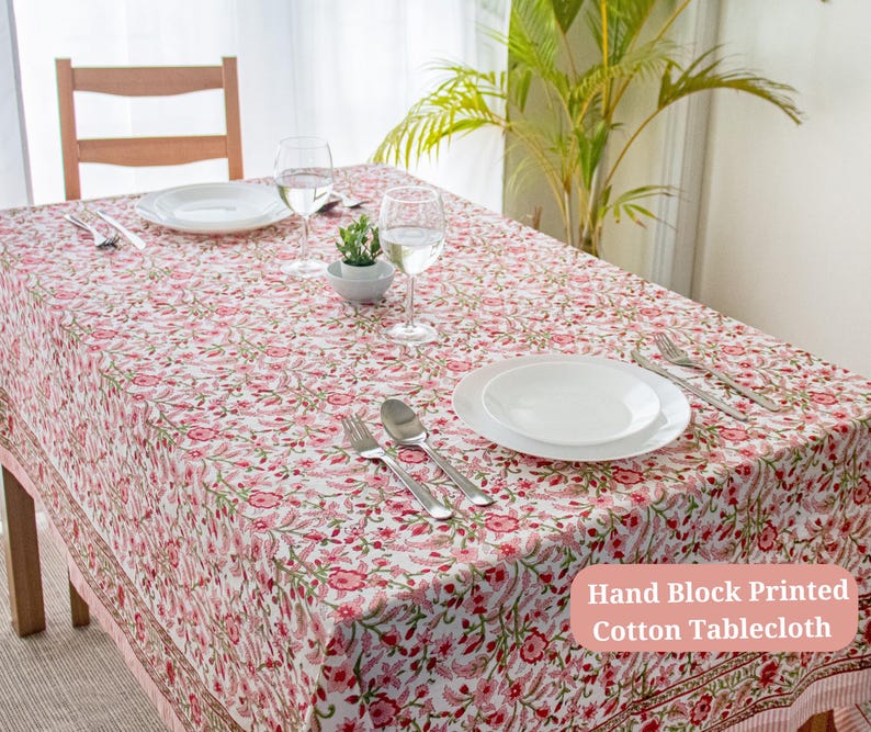 Peach Floral Tablecloth – Hand Block Printed Cotton, Table Linen image 3
