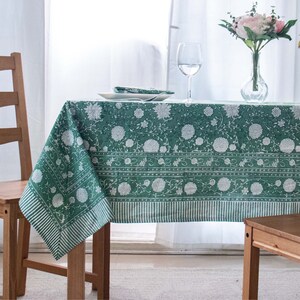 Green Indian Block Print Tablecloth, Floral Cotton Table Cover, Tablecloth Napkins Set, Rectangle Tablecloth, Dining Table Decor