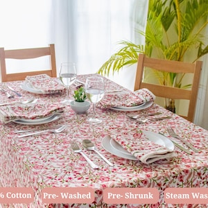 Peach Floral Tablecloth – Hand Block Printed Cotton, Table Linen image 4