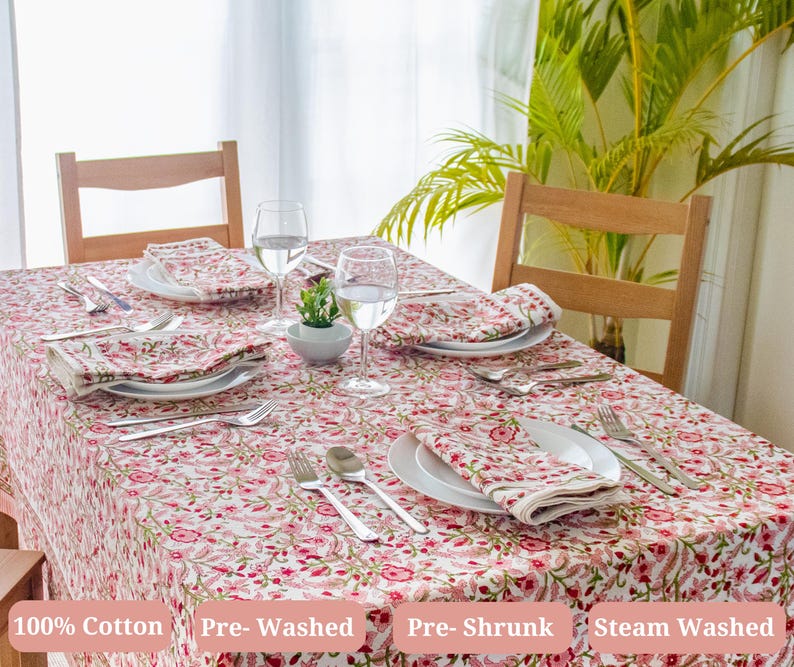 Peach Floral Tablecloth – Hand Block Printed Cotton, Table Linen image 4