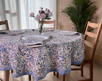 Indigoblaue runde Blumentischdecke, Handblockdruck-Baumwolle