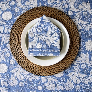 Blue Floral Hand Block Printed Cotton Napkins - Set of 4