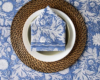 Blue Floral Hand Block Printed Cotton Napkins - Set of 4