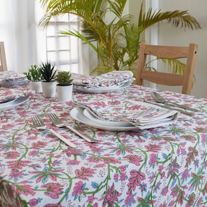 Block Print Tablecloth Indian, Turkish Rose Floral Vintage Tablecloth, Rectangle Cotton French Tablecover, Kitchen Dining Housewarming gifts