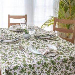 Green Indian Block Print Tablecloth, Floral Cotton Table Cover, Tablecloth Napkins Set, Rectangle Tablecloth, Dining Table Décor