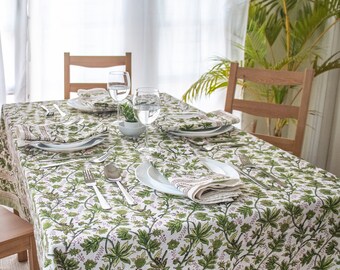 Green Indian Block Print Tablecloth, Floral Cotton Table Cover, Tablecloth Napkins Set, Rectangle Tablecloth, Dining Table Décor