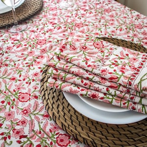 Peach Floral Tablecloth – Hand Block Printed Cotton, Table Linen image 6