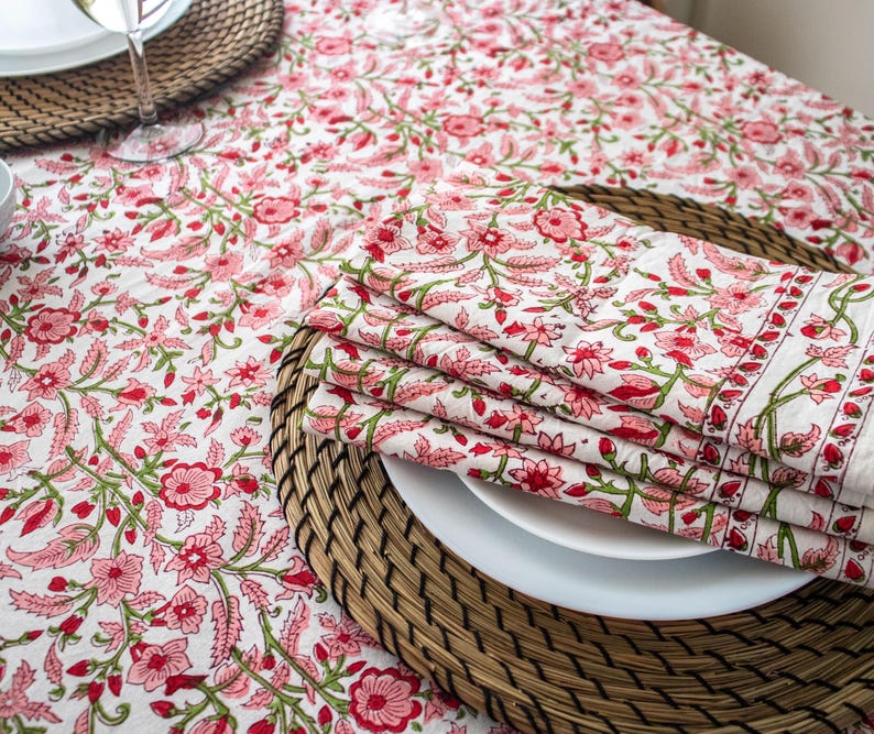 Peach Floral Tablecloth – Hand Block Printed Cotton, Table Linen image 6
