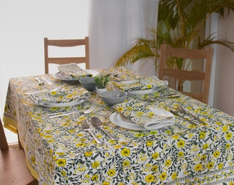 Yellow Indian Block Print Tablecloth, Floral Cotton Table Cover, Tablecloth Napkins Set, Rectangle Tablecloth, Dining Table Décor