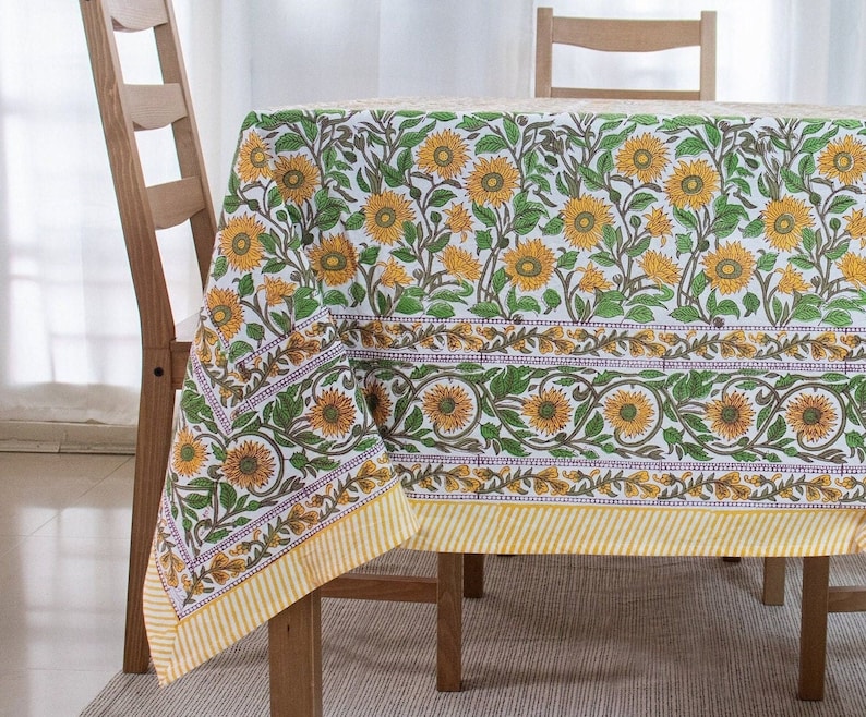 Exquisite Yellow cotton Indian block-printed tablecloth hand printed by skilled artisans. This tablecloth complements Summer dining, Picnic and summer parties.