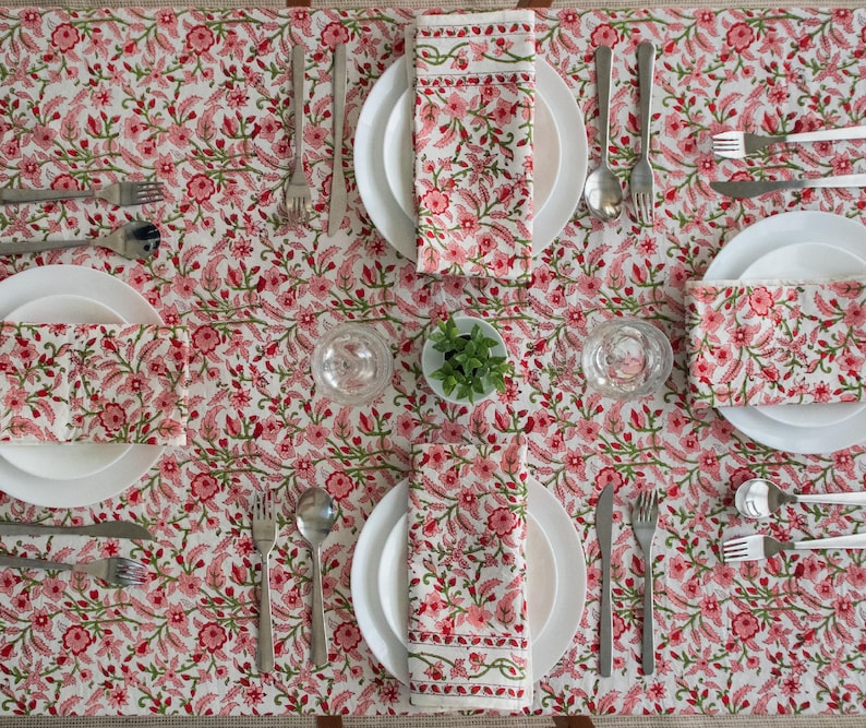 Peach Floral Tablecloth – Hand Block Printed Cotton, Table Linen image 2