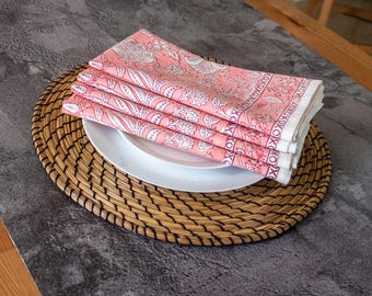 Peach Floral Hand Block Printed Cotton Napkins: Indian Decor, Set of 4