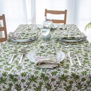 Block Print Tablecloth, Green Cotton Indian Handmade Tablecloth, Rectangle Floral Vintage Dining Table Cover, Housewarming wedding gifts