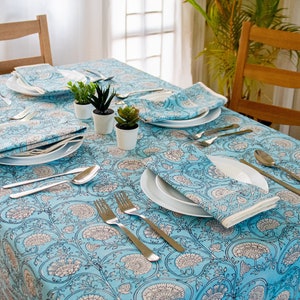 Sky Blue Indian Block Print Tablecloth, Floral Cotton Table Cover, Tablecloth Napkins Set, Rectangle Tablecloth, Dining Table Decor