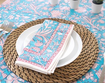 Aqua Blue Floral Cotton Napkins - Hand Block Printed Indian Design