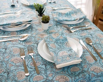 Hand Block Printed Floral Cotton Napkins - Light Blue Indian Decor
