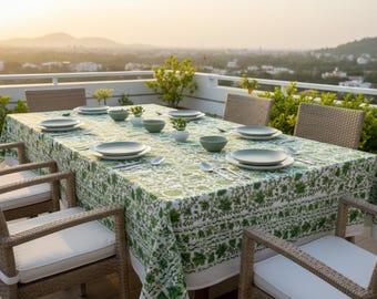 Green Floral Tablecloth, Hand Block Print Cotton, Boho Table Linen