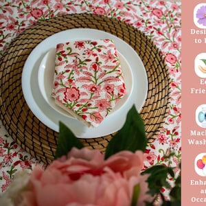 Peach Floral Tablecloth – Hand Block Printed Cotton, Table Linen image 5