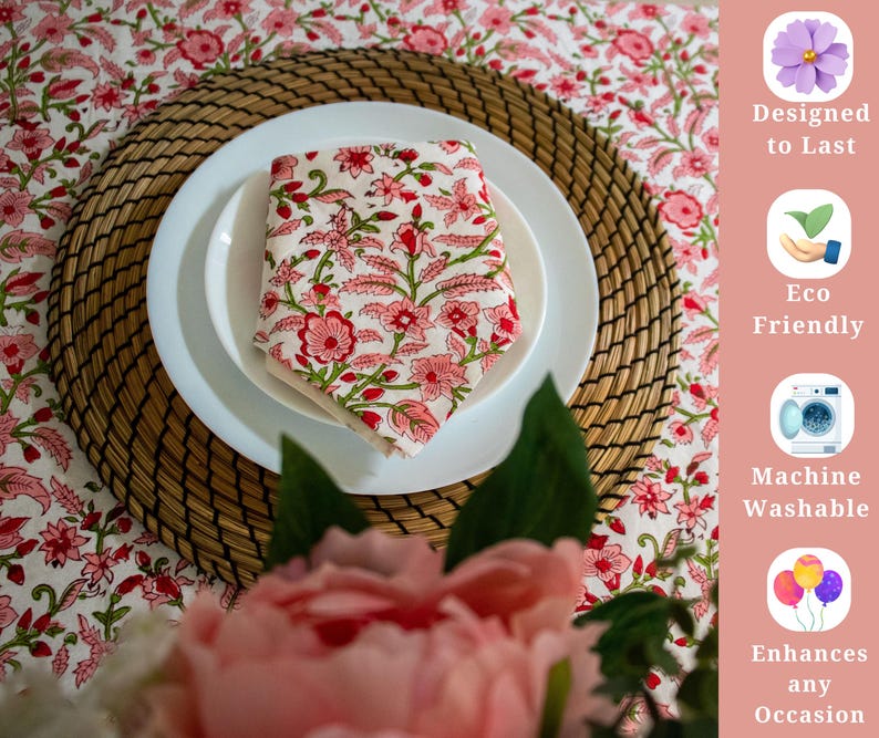 Peach Floral Tablecloth – Hand Block Printed Cotton, Table Linen image 5