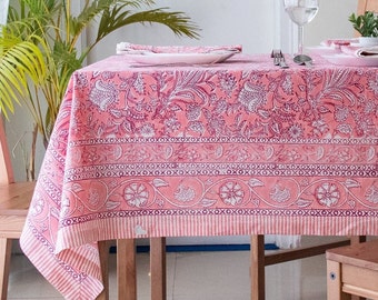 Peach Floral Hand Block Print Cotton Tablecloth, Vintage Indian Linen