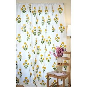 Yellow Wild Flower Clover Block Print Sheer Curtains Organic Cotton | Window Treatments