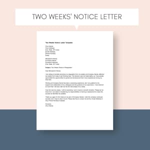 Plantilla de carta de aviso con dos semanas de antelación Plantilla de carta de renuncia Plantilla de carta de período de notificación editable Plantilla de aviso con dos semanas de antelación Formulario de renuncia imprimible