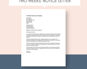 Two Weeks Notice Letter Template Resignation Letter Template Editable Notice Period Letter 2 Week Notice Template Printable Resignation Form