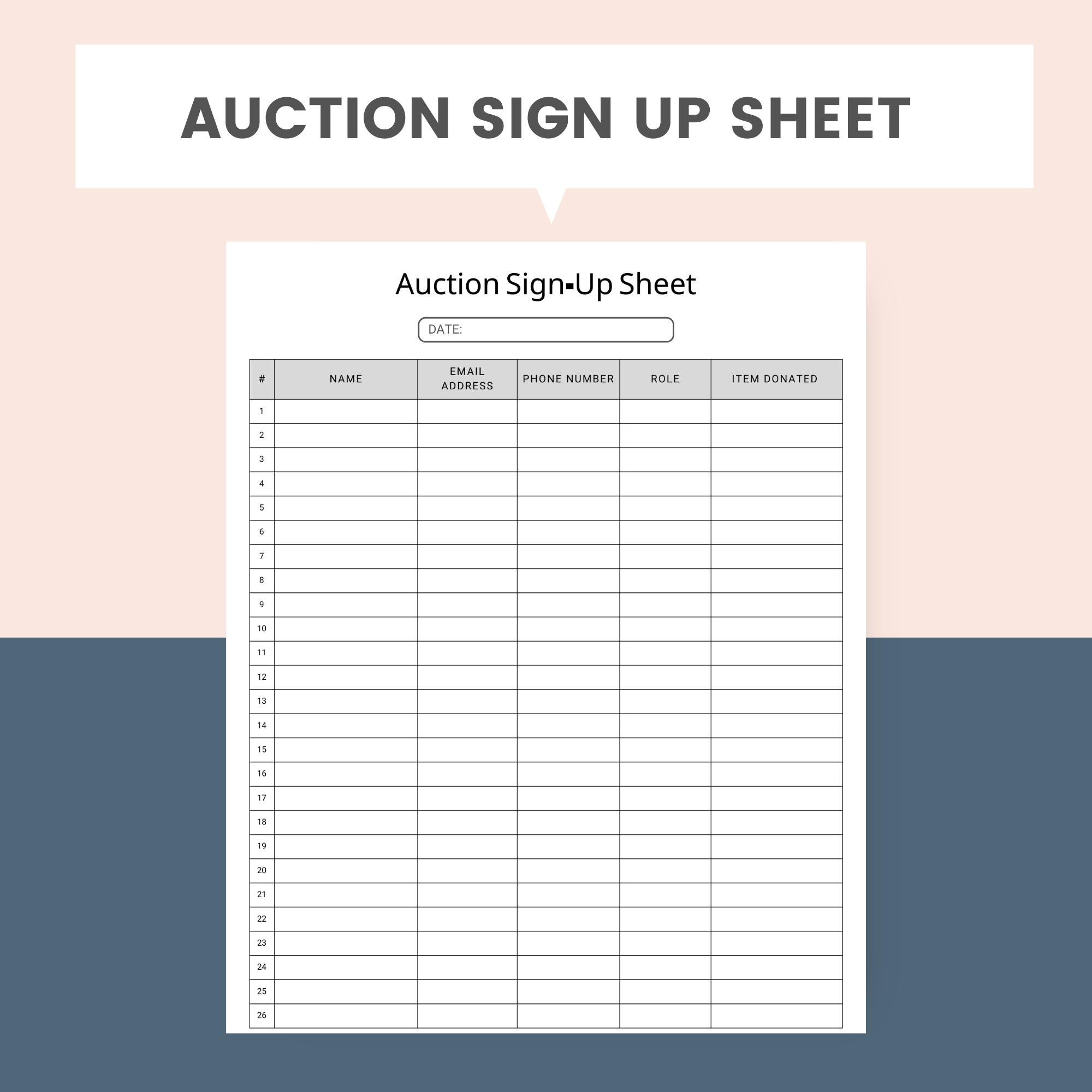 Auction Sign up Sheet Printable Auction Volunteer Form Silent Auction ...