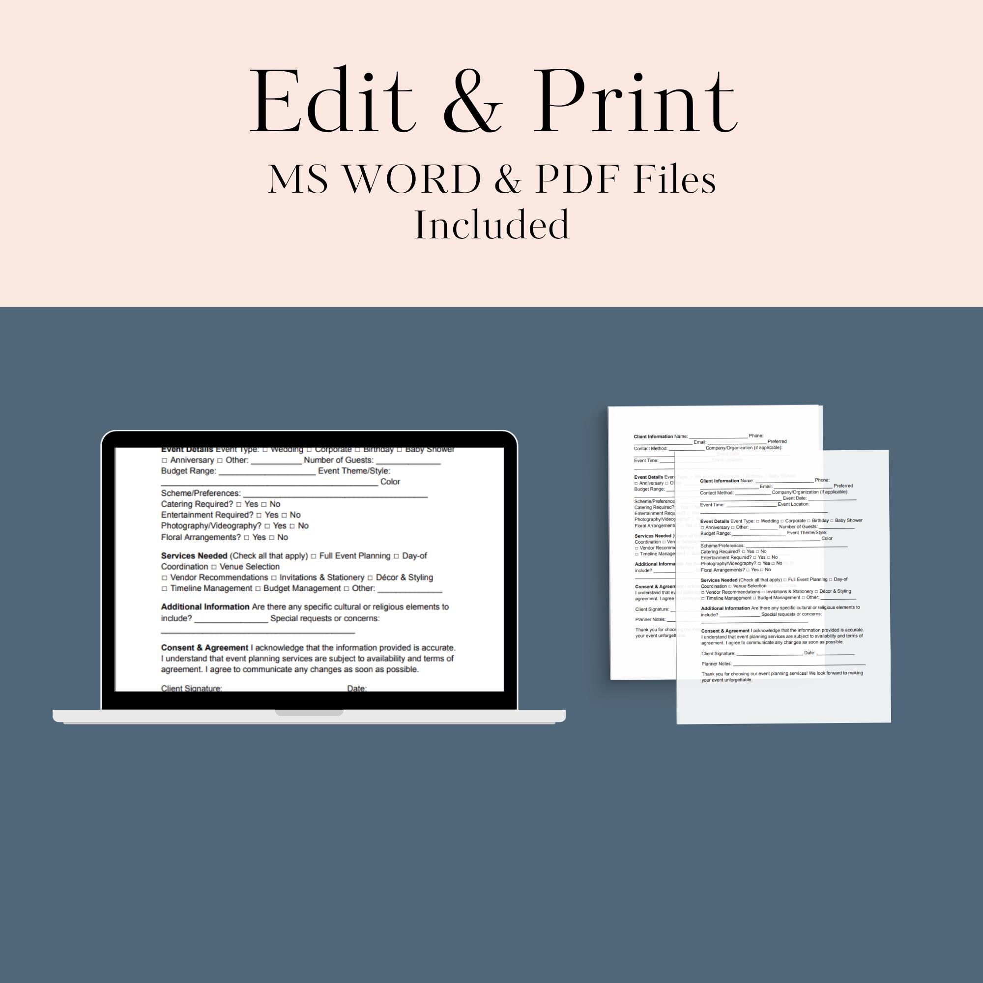 Event Planning Client Intake Form: Editable Template (PDF, Word) - Etsy