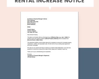 Rent Increase Notice Template Editable Rental Letter Landlord Tenant Form Lease Rent Adjustment Notice Printable PDF Word Landlord Document