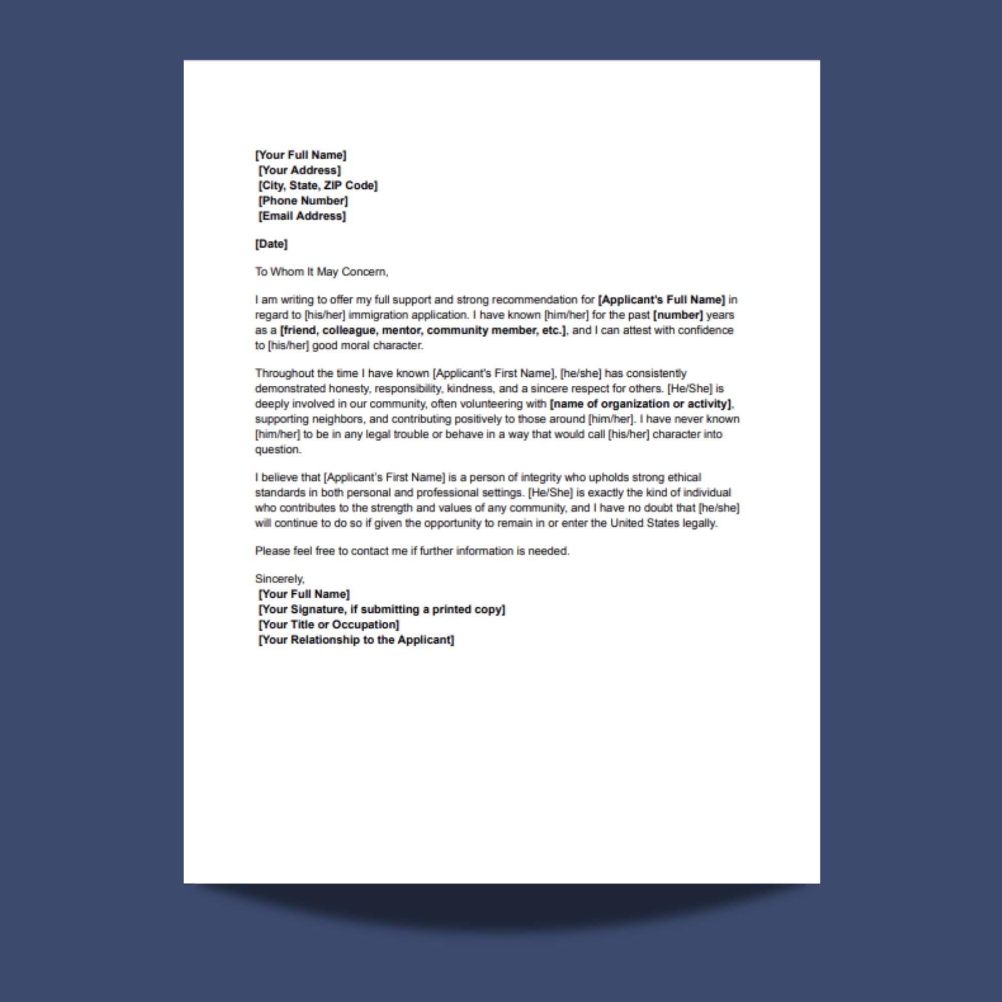 Carta de buena conducta moral, plantilla de inmigración, carta de  referencia, declaración de conducta de USCIS, imprimible, editable, PDF,  Word, asistencia para inmigración - Etsy México, image size:2000x2000