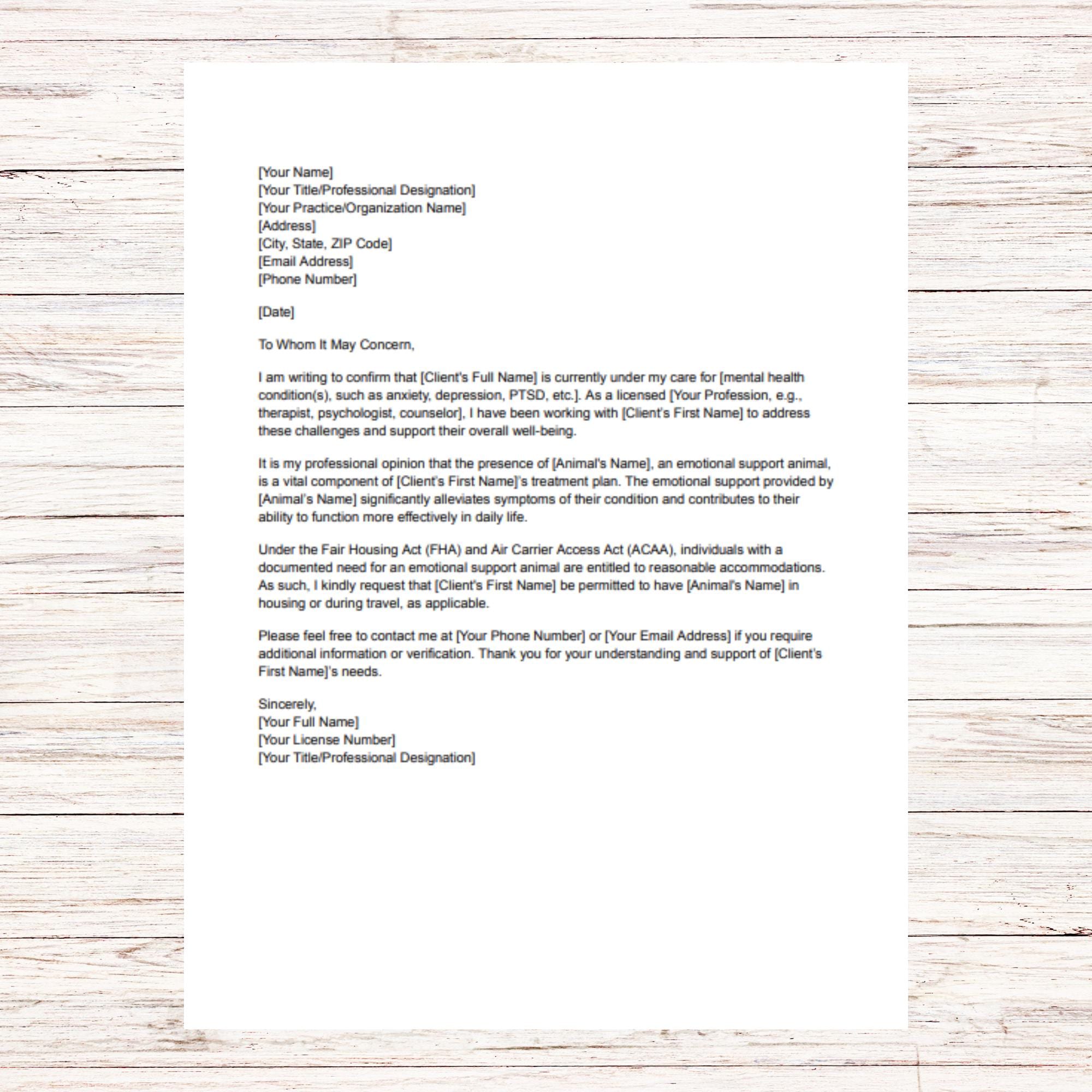 Emotional Support Animal Letter Template ESA Letter Template Service ...