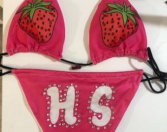 custom Harry Styles inspired bikini coachella outfit with strawberries, cherries and handsaw crystals
