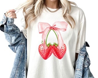 Strawberry Coquette Tee, Coquette Bow T-Shirt, Girly Coquette Fashion, Trendy Coquette Gifts, Girly Tee's, Fashion Trends, Trending Gift