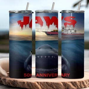 JAWS 50th anniversary inspired 20oz stainless steel reusable tumbler with lid and straw